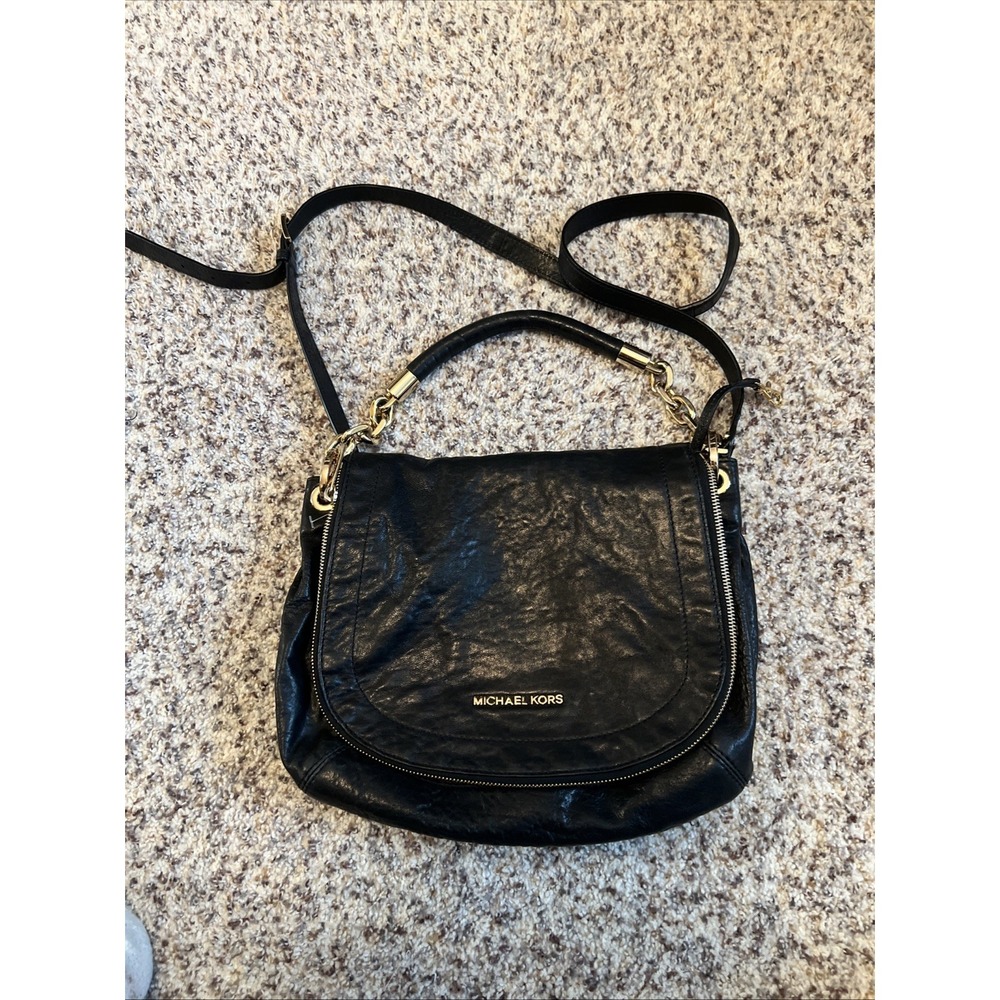 Vintage Michael Kors Leather Crossbody Bag Black Large Pockets Adjusting Strap